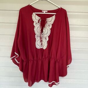 Free 2 Luv Burgundy Blouse Size 3X Crochet Detail Removable Tie Wide Sleeves